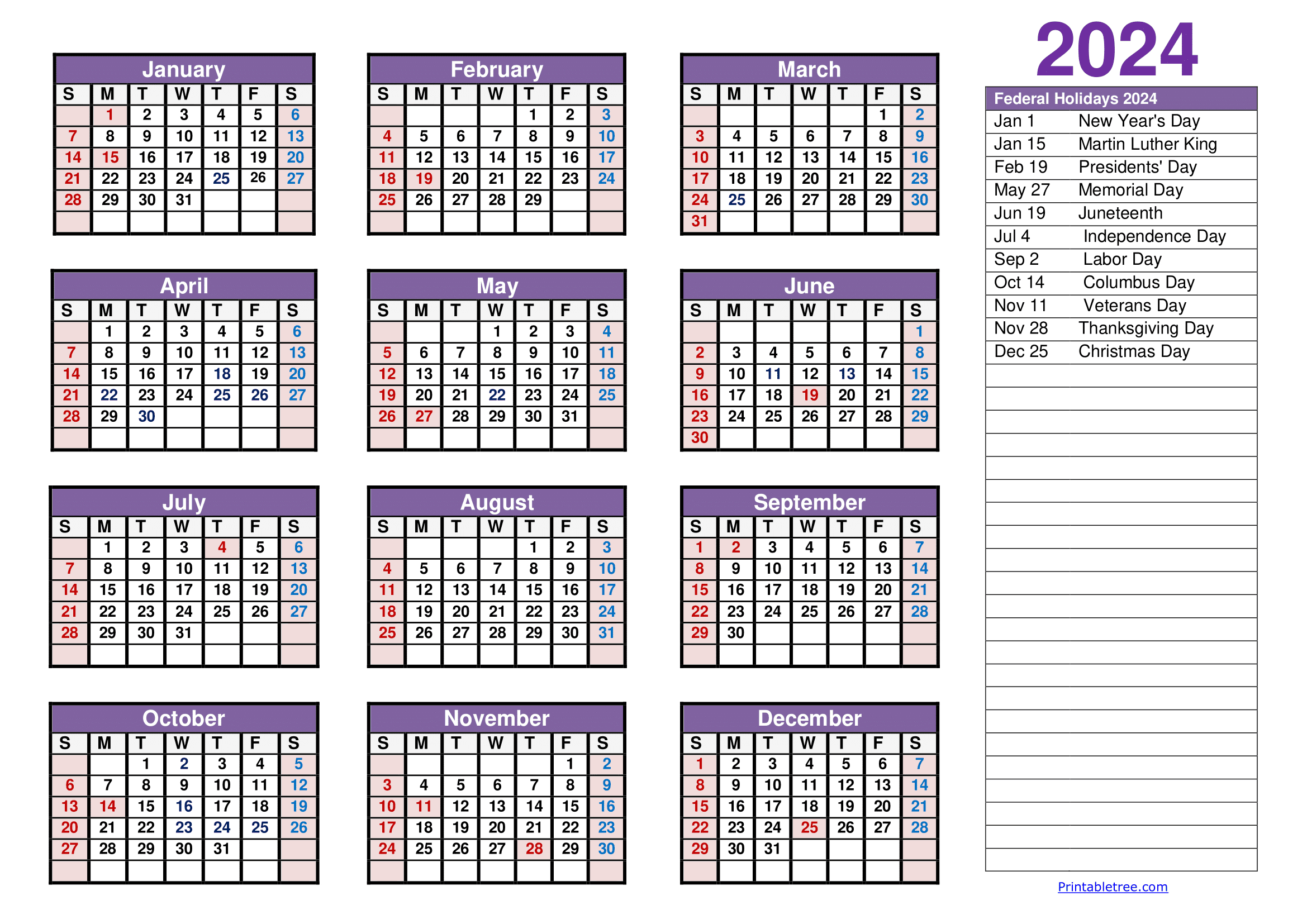 Printable Calendar 2024 One Page With Holidays (Single Page) 2024 with 2024 Julian Calendar With Holidays