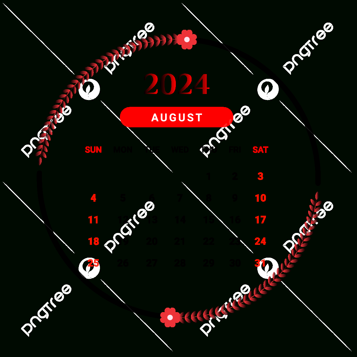 2024 August Month Calendar With Red And Black Floral Design Vector in August Theme Calendar 2024