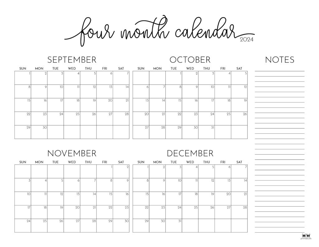 2024 Four Month Calendars - 18 Free Printables | Printabulls for August To December 2024 Calendar Printable