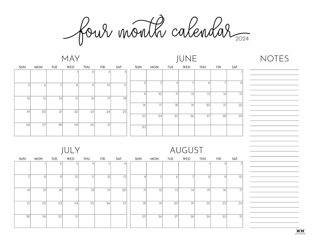 2024 Four Month Calendars - 18 Free Printables | Printabulls with regard to May June July August Calendar 2024