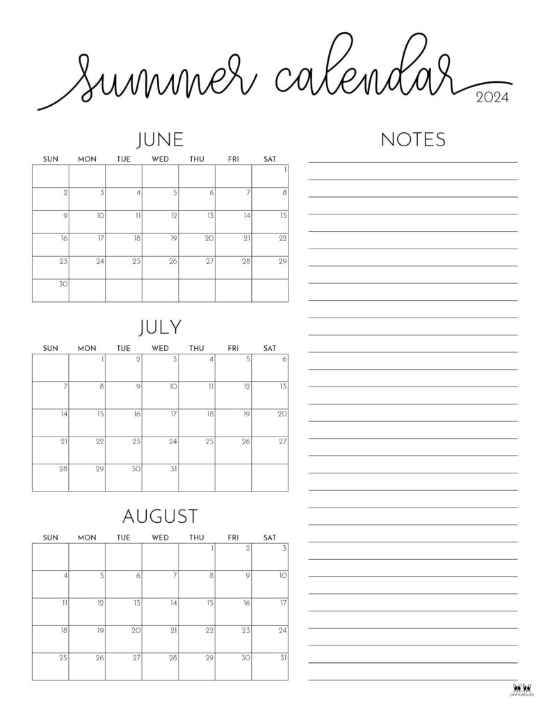 2024 Summer Calendars - 18 Free Printables | Printabulls in Calendar 2024 June July August