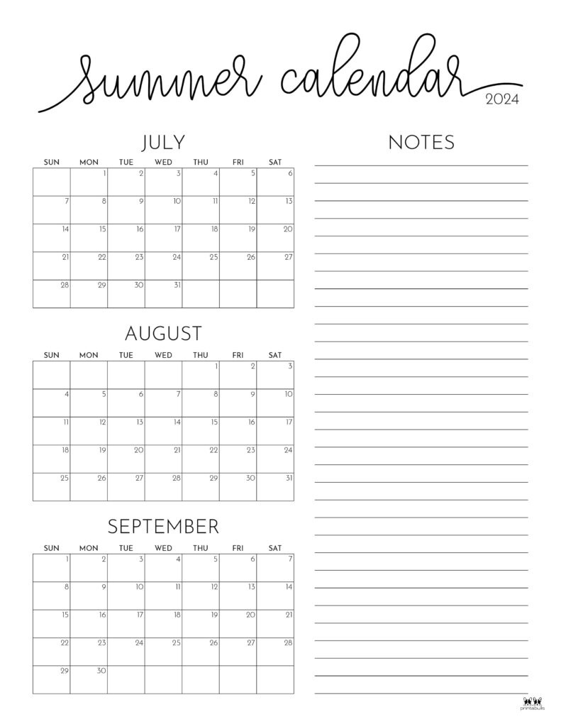 2024 Summer Calendars - 18 Free Printables | Printabulls in June July August Calendar 2024