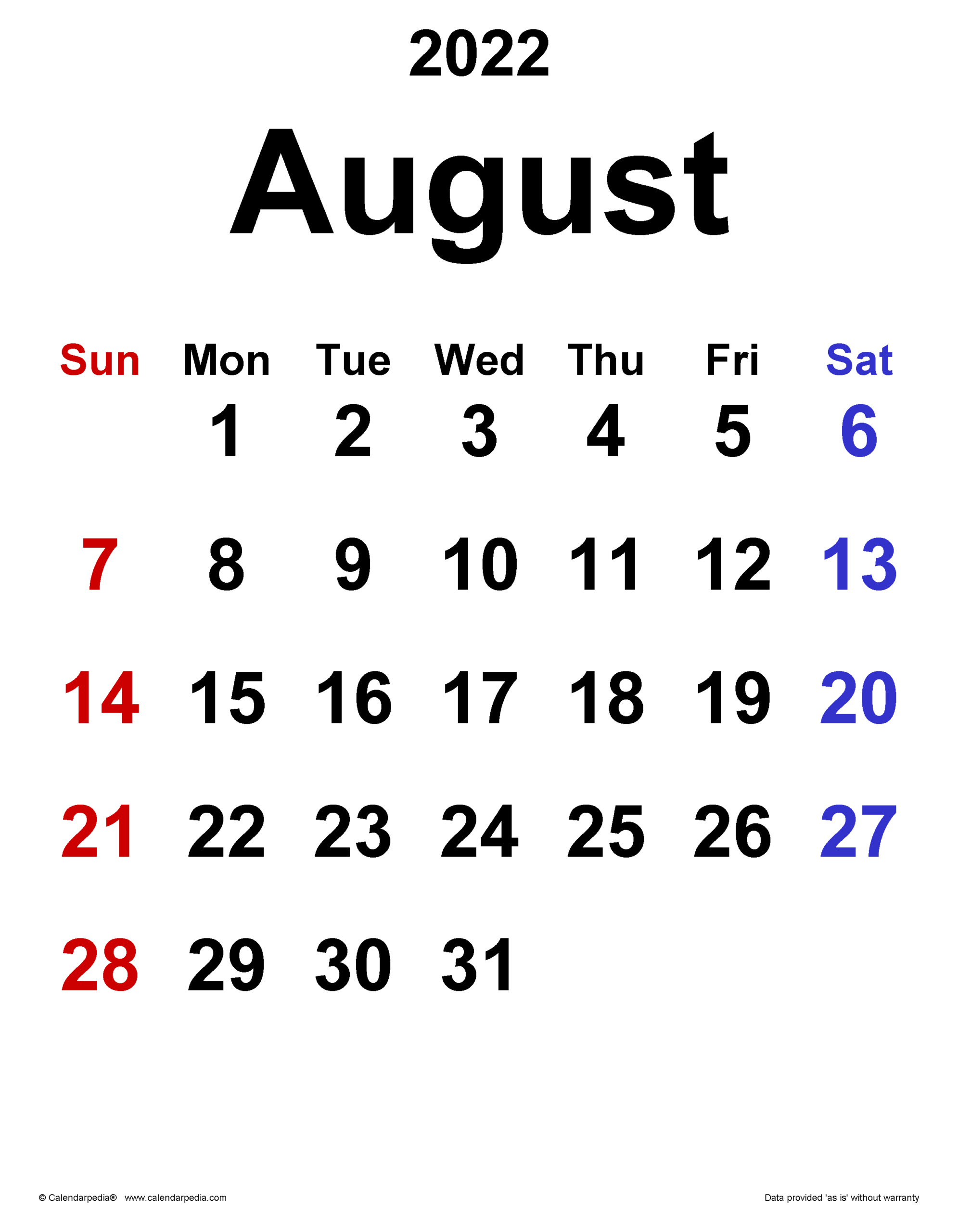 August 2022 Calendar | Templates For Word, Excel And Pdf in Calendar For August 2022