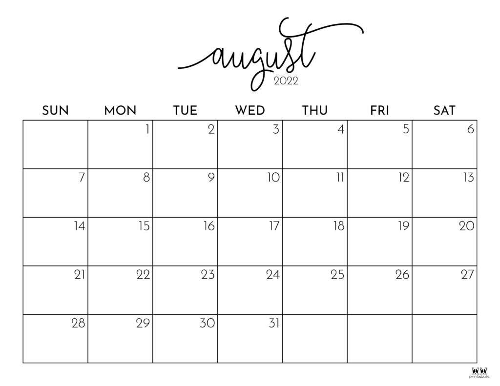 August 2022 Calendars - 33 Free Printables | Printabulls within Calendar For August 2022