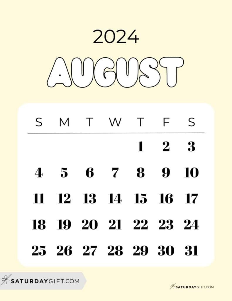 August 2024 Calendar - 20 Cute &amp;amp; Free Printables | Saturdaygift throughout August 2024 Calendar Cute