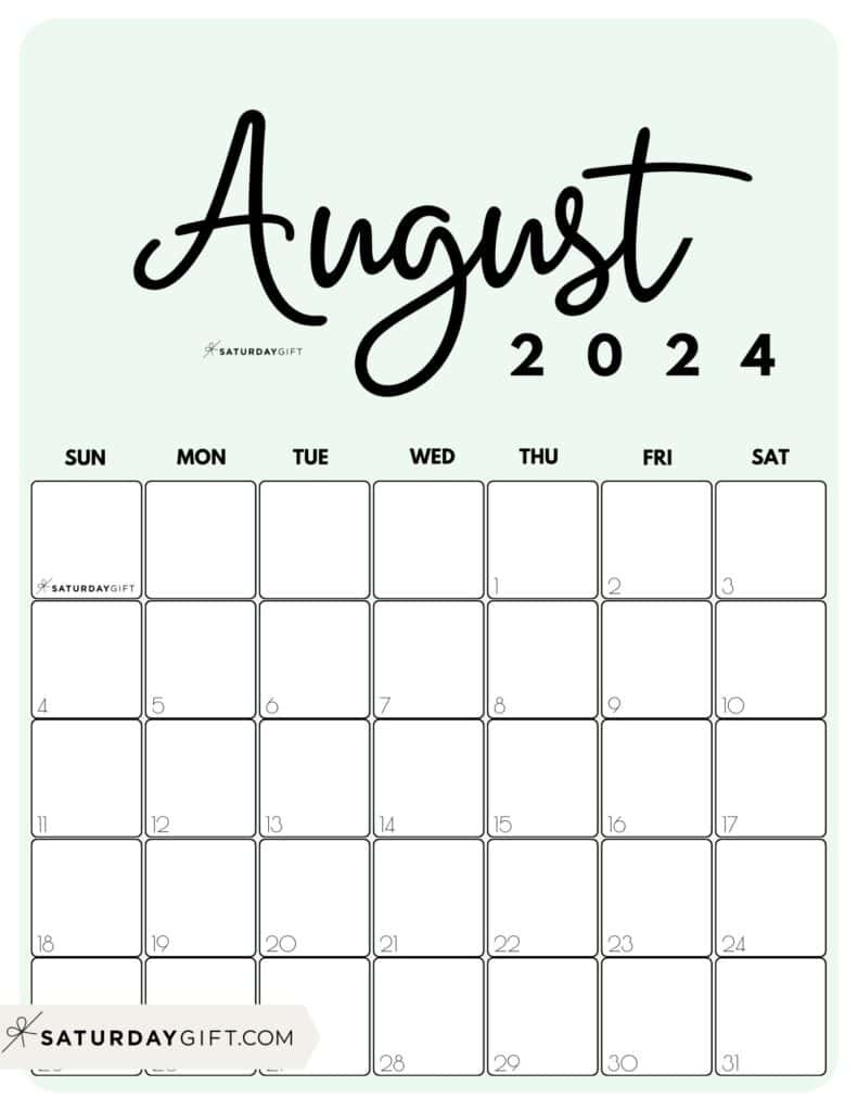 August 2024 Calendar - 20 Cute &amp;amp; Free Printables | Saturdaygift throughout August Monthly Calendar 2024 Printable