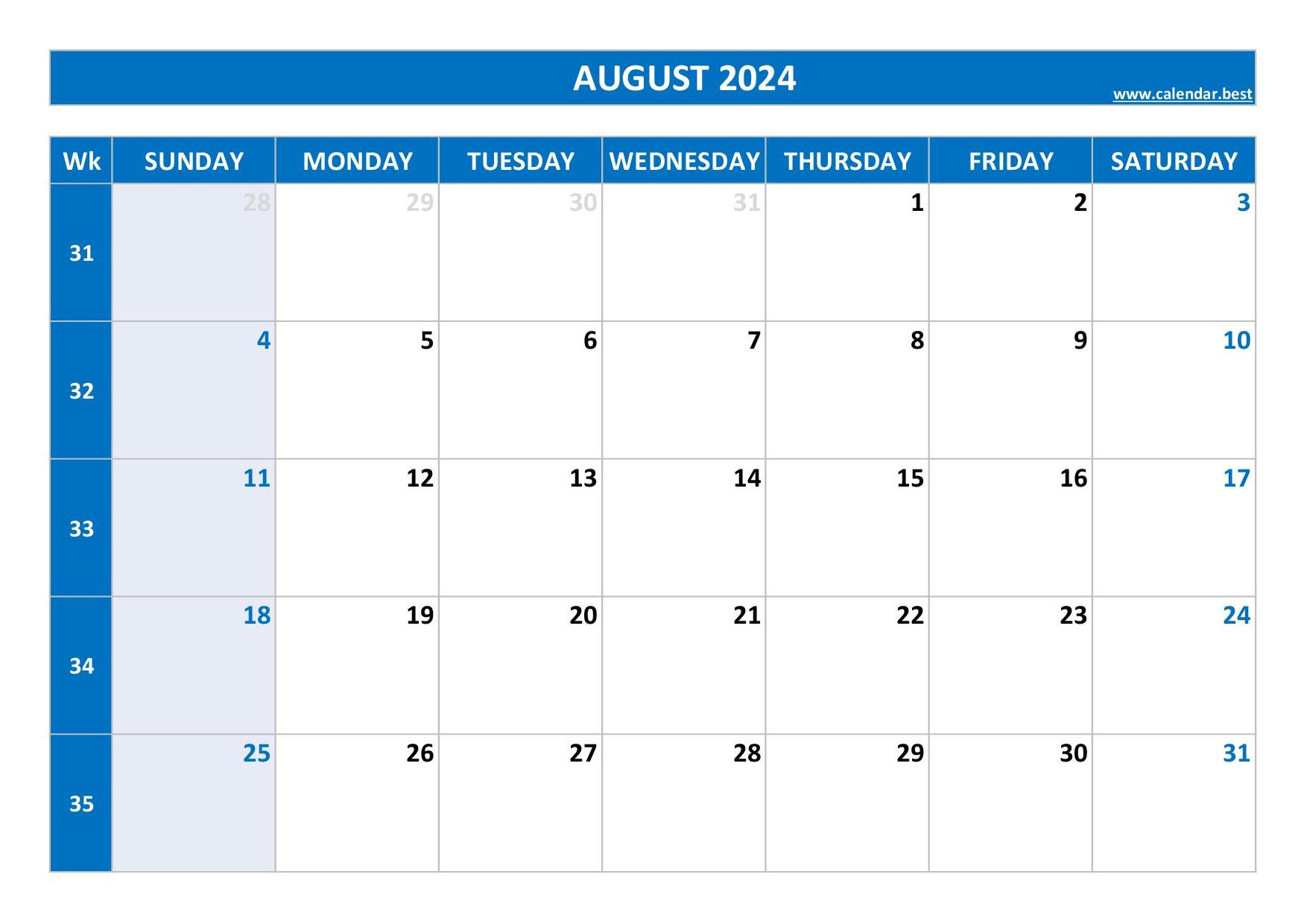 August 2024 Calendar -Calendar.best pertaining to Printable Calendar August And September 2024