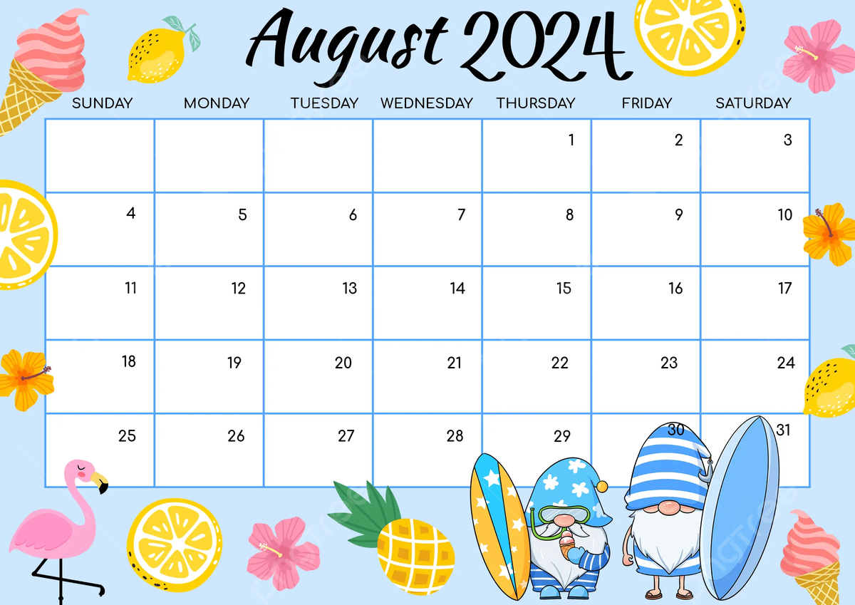 August 2024 Calendar With Flamingo In Multicolored Cartoon Style within August Calendar Clip Art 2024