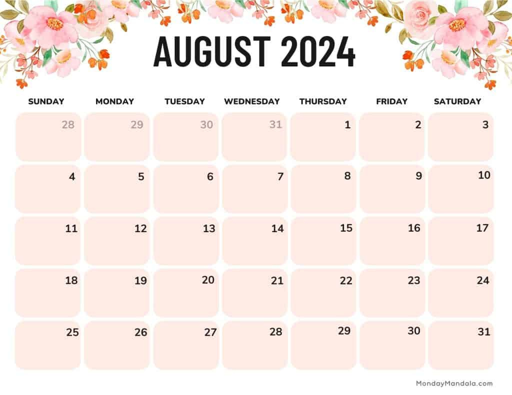 August 2024 Calendars (52 Free Pdf Printables) inside August 2024 Calendar Printable Landscape