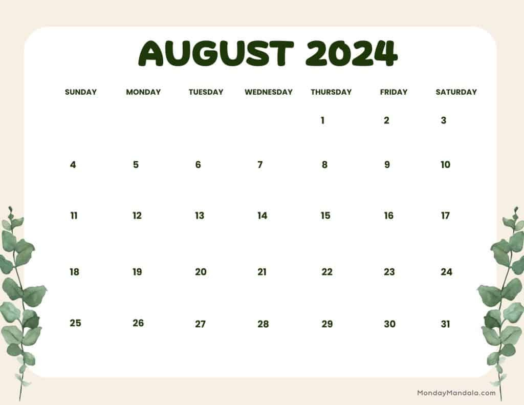 August 2024 Calendars (52 Free Pdf Printables) with regard to August 2024 Calendar Printable Landscape