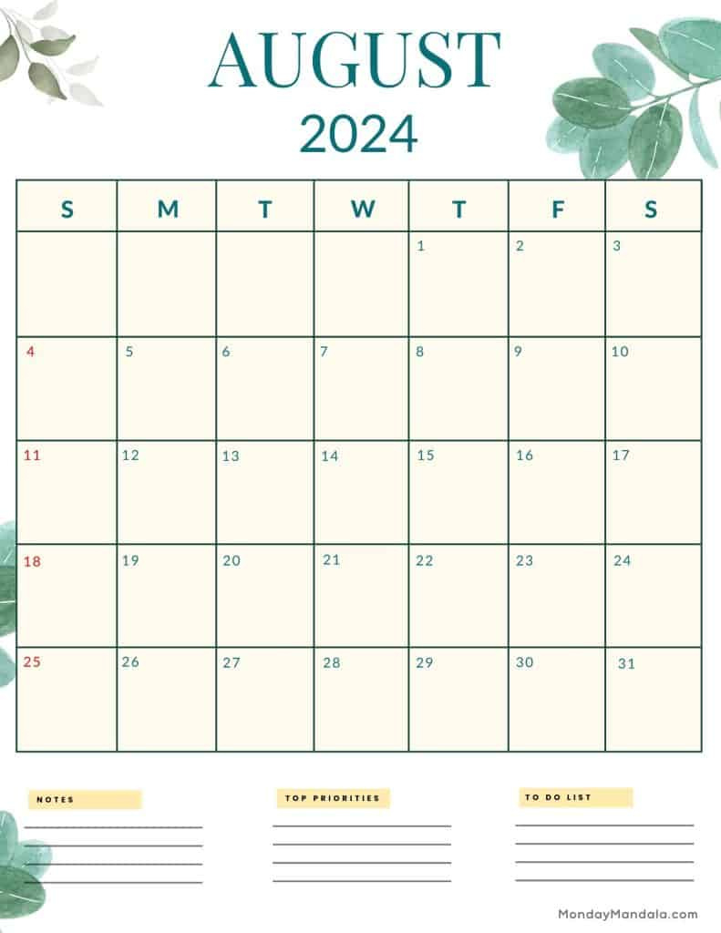 August 2024 Calendars (52 Free Pdf Printables) with regard to August 2024 Calendar Printable Portrait