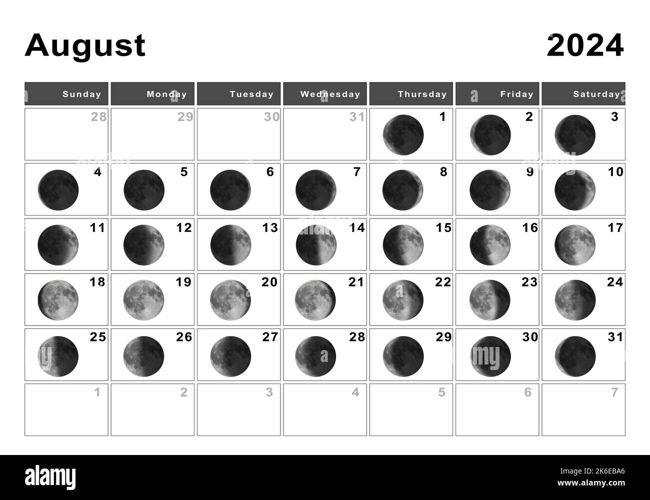 August 2024 Lunar Calendar, Moon Cycles, Moon Phases Stock Photo for August Lunar Calendar 2024