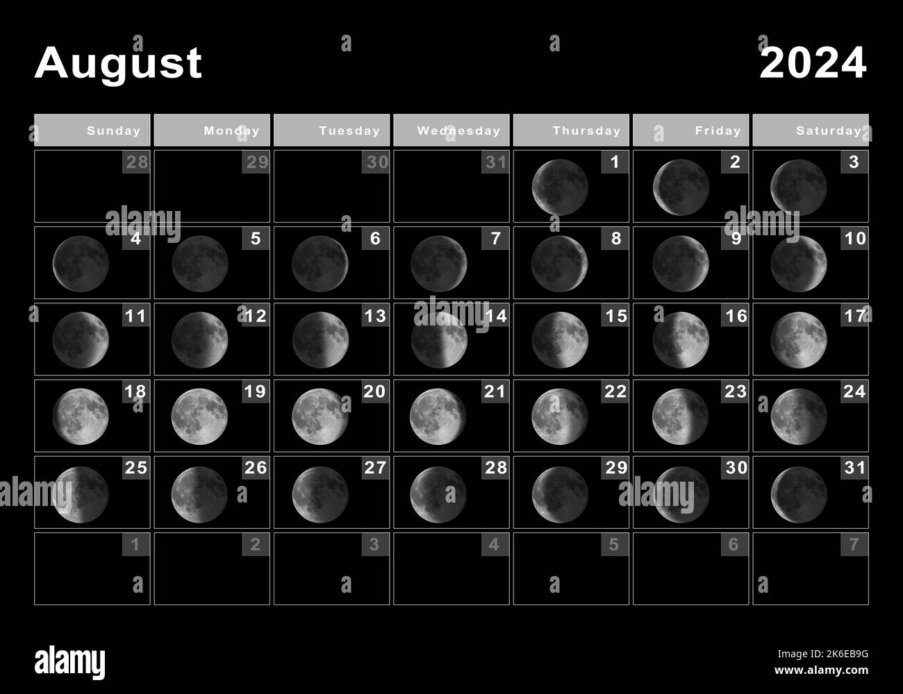 August 2024 Lunar Calendar, Moon Cycles, Moon Phases Stock Photo for Moon Calendar For August 2024