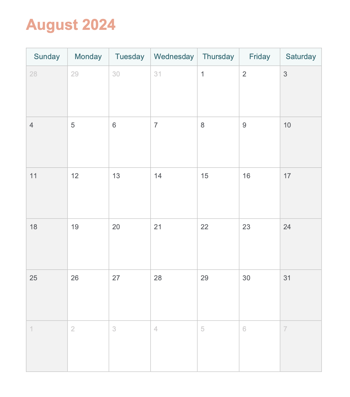 August 2024 Printable Calendar With Word - Agendrix regarding August 2024 Calendar Printable Word