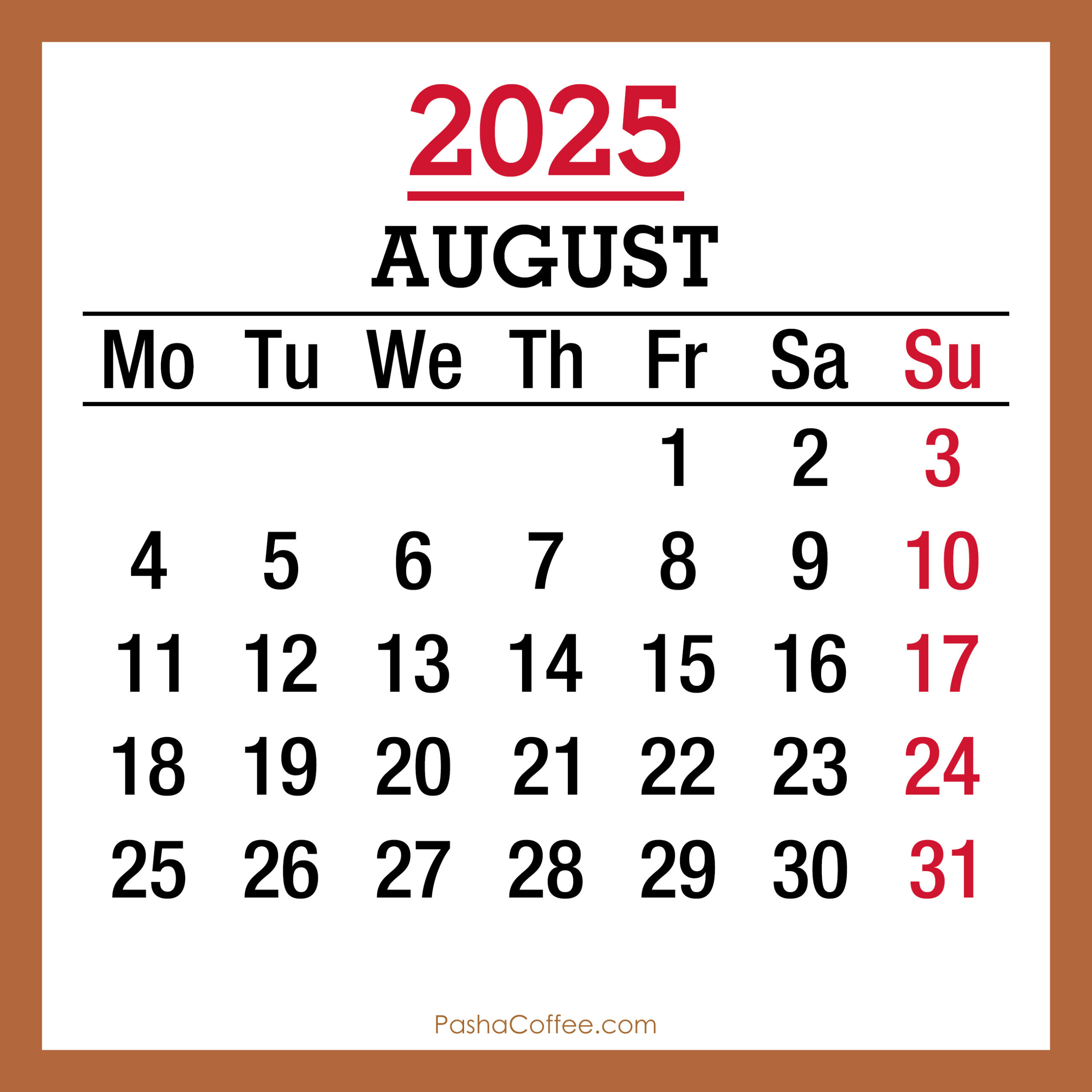 August 2025 Monthly Calendar, Printable Free, Beige, Monday Start within 2025 August Calendar