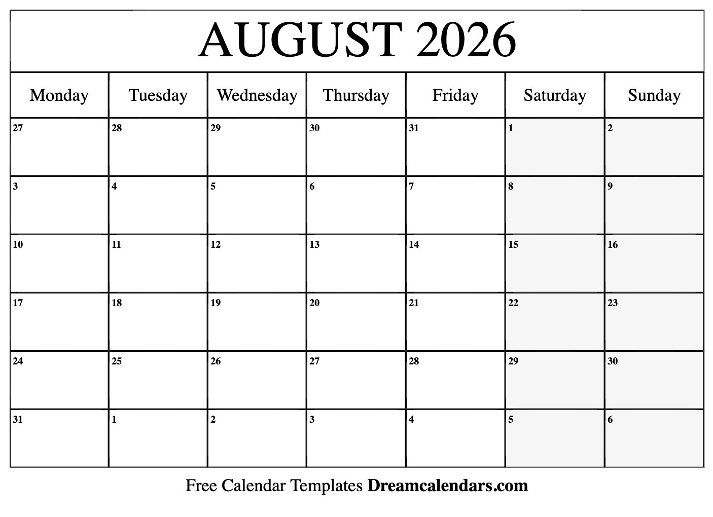 August 2026 Calendar