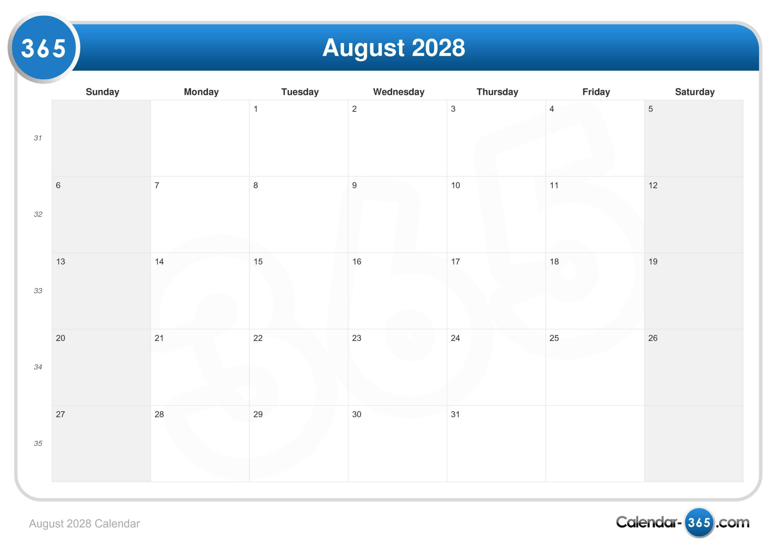 August 2028 Calendar in August 2028 Calendar