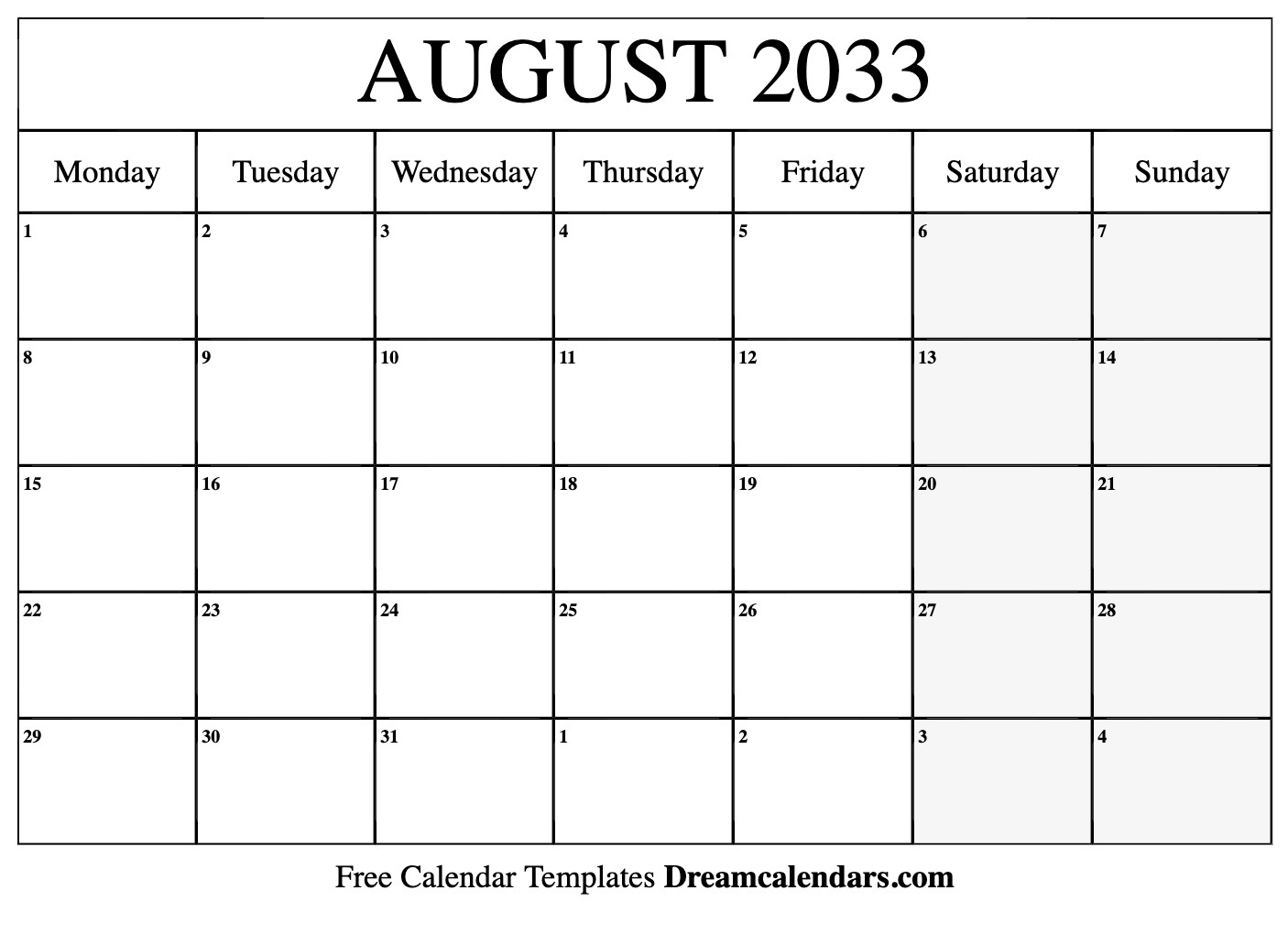 August 2033 Calendar