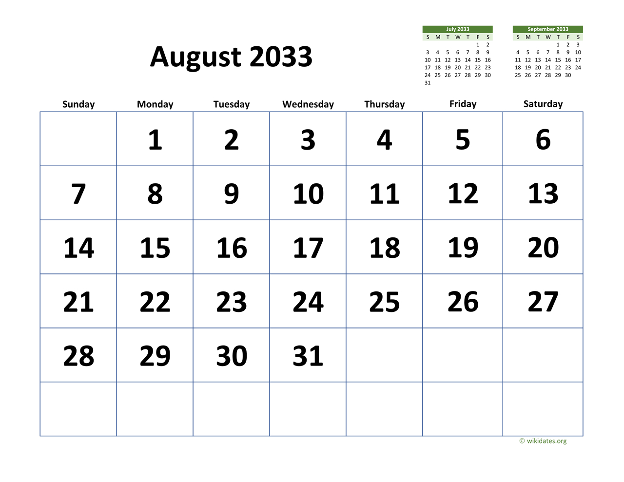 August 2033 Calendar With Extra-Large Dates | Wikidates intended for August 2033 Calendar