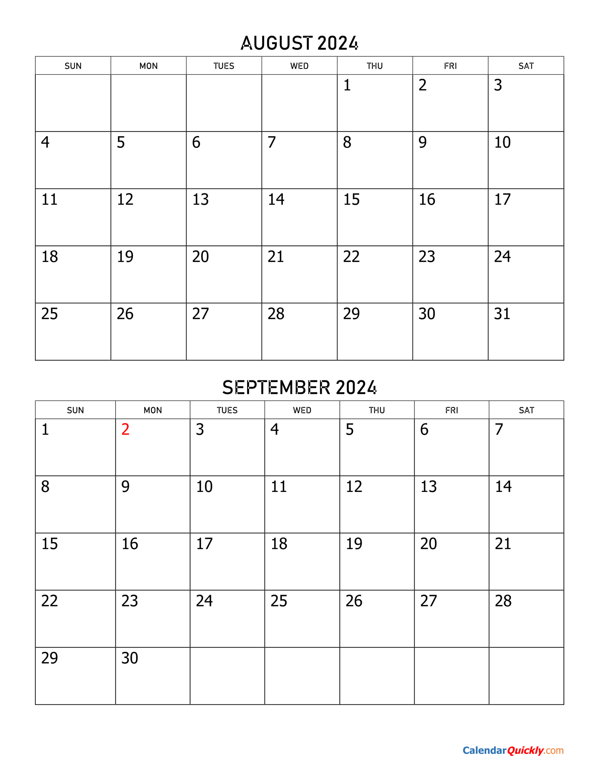 Printable Monthly Calendar August And September 2024