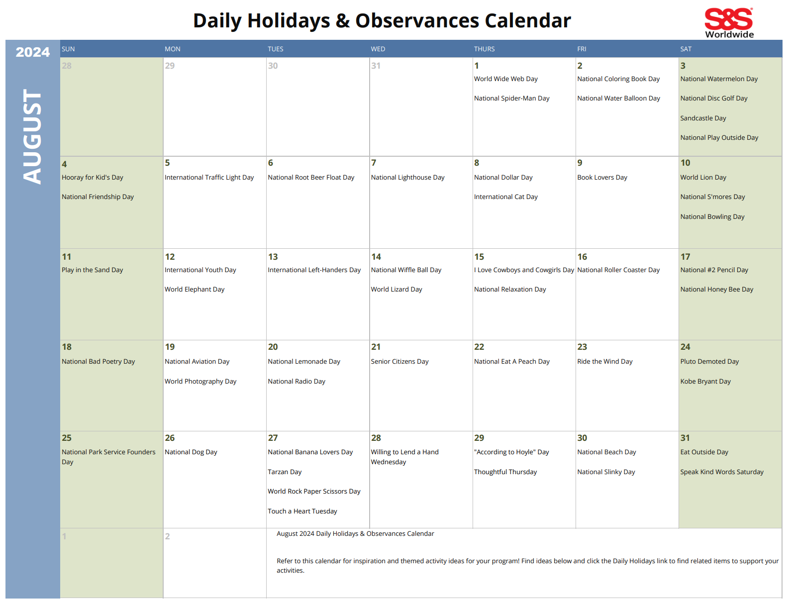 August Daily Holidays &amp;amp; Observances Printable Calendar - S&amp;amp;S Blog regarding National Day Calendar August 2024