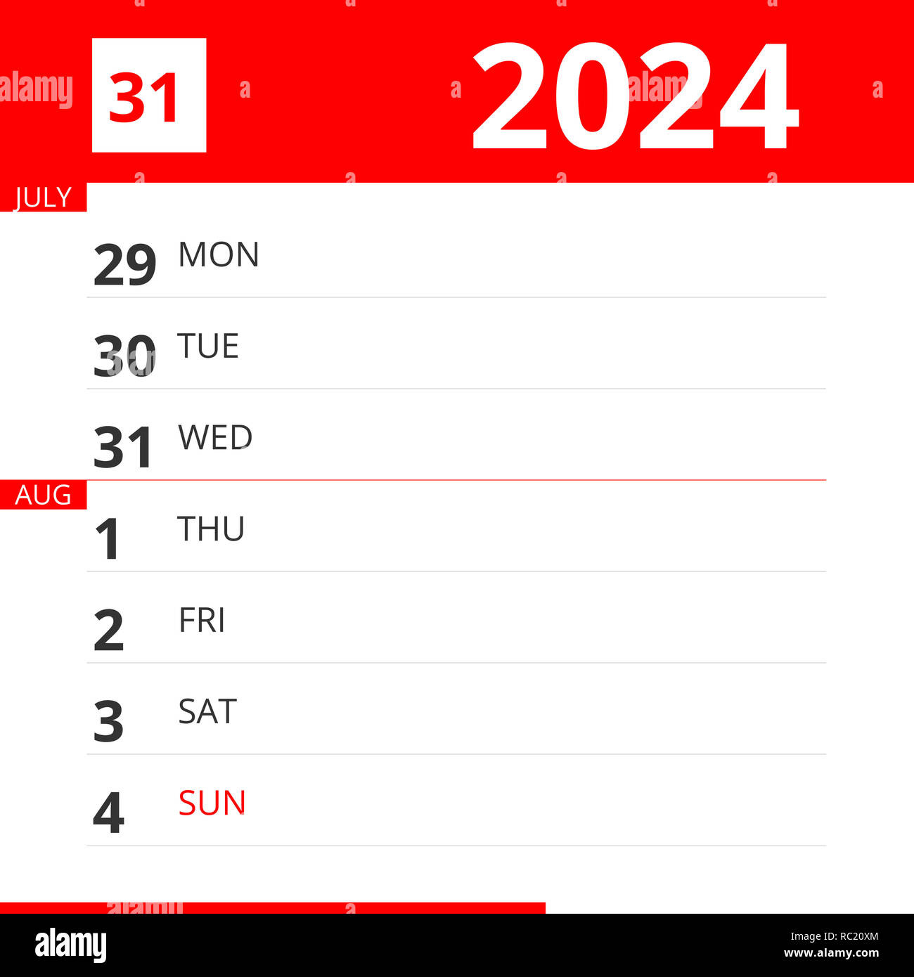 Calendar Planner For Week 31 In 2024, Ends August 4, 2024 Stock for August 4 2024 Calendar