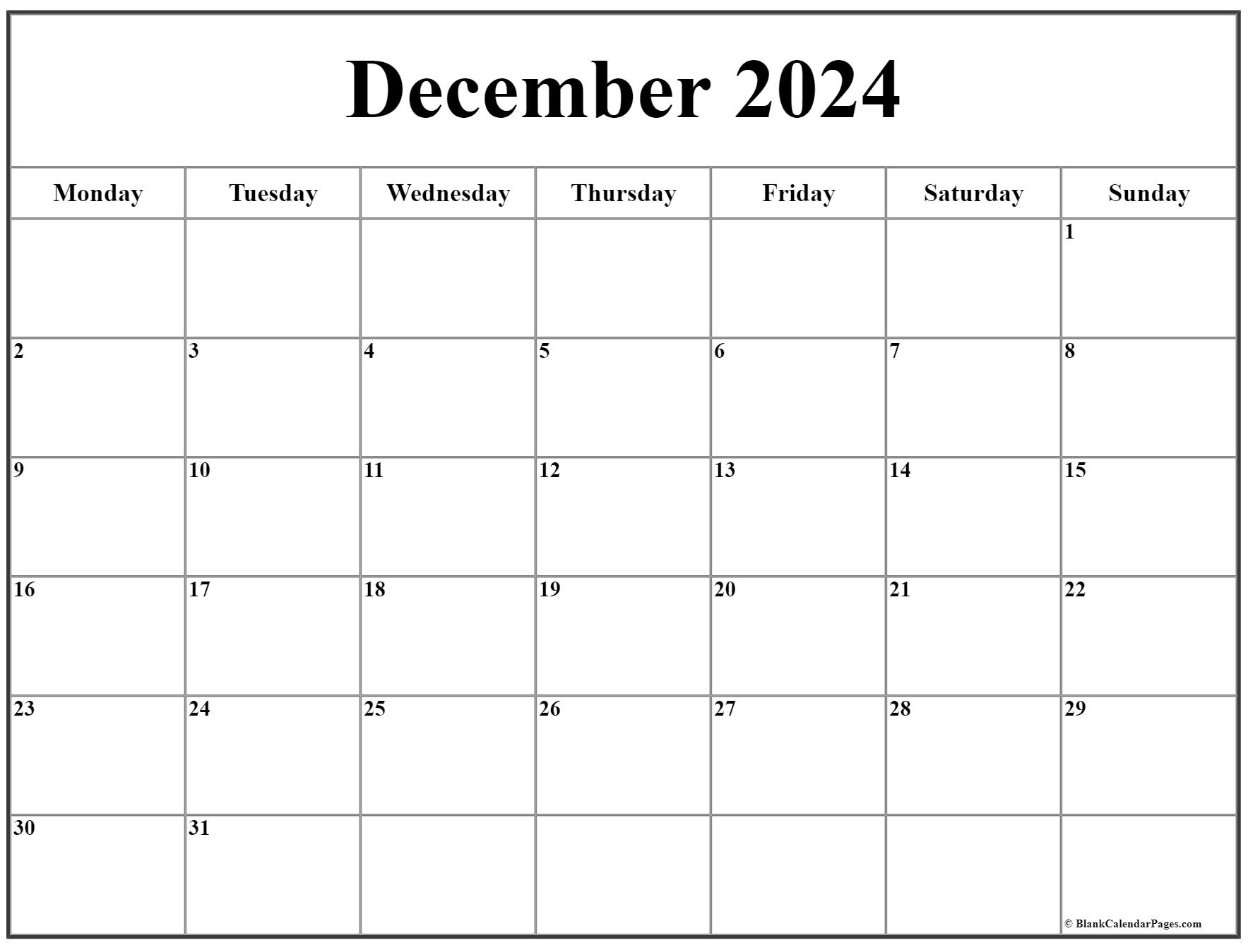 December 2024 Monday Calendar | Monday To Sunday intended for Printable August September October 2024 Calendar