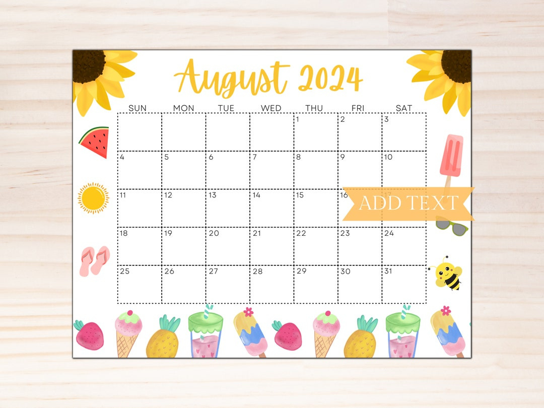 Editable August 2024 Calendar, Printable Calendar 2024, School Calendar, Kids Classroom Calendar, Sunflower Calendar, Summer Planner - Etsy pertaining to August 2024 Printable Calendar Free