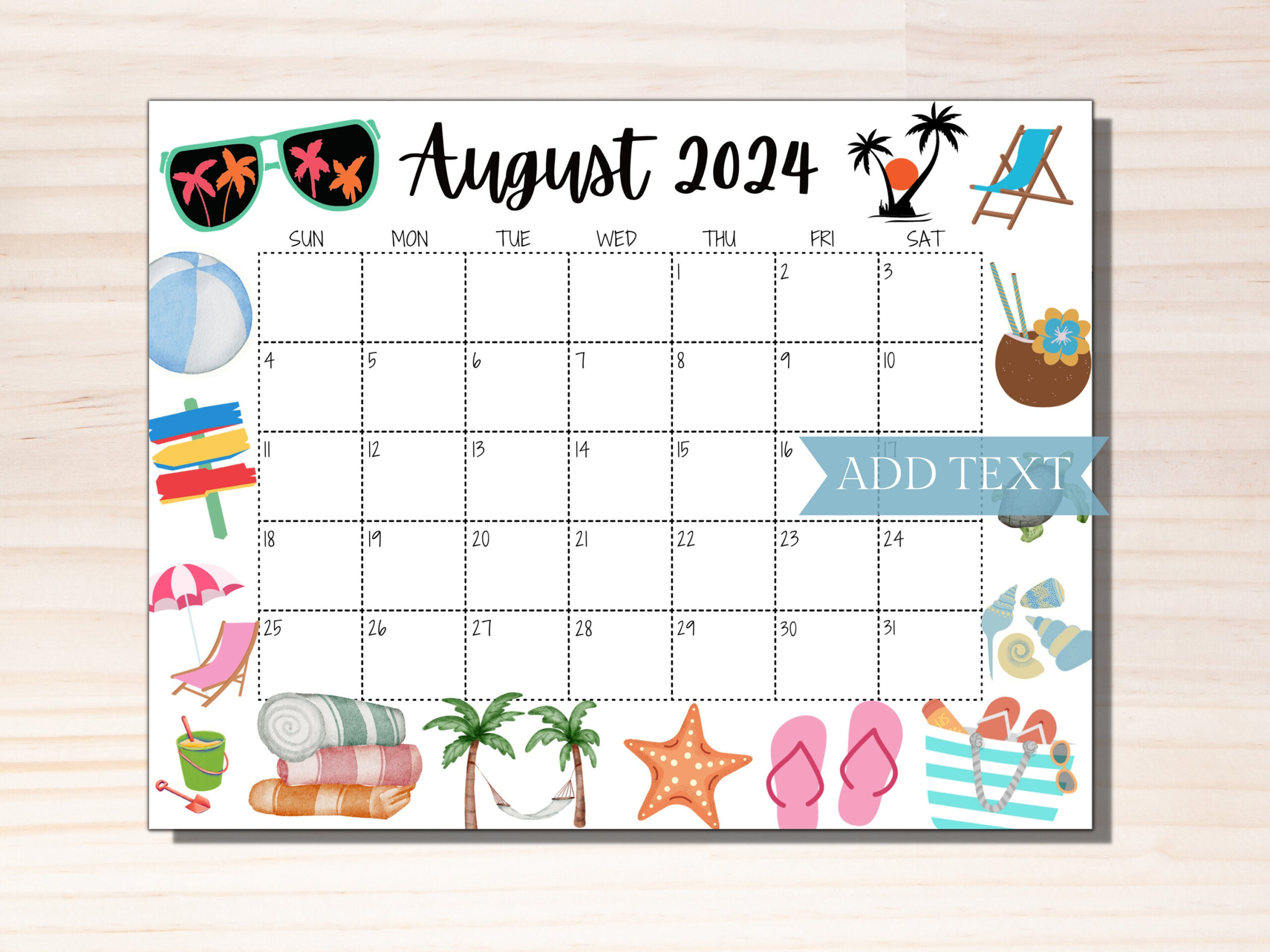 Editable August 2024 Calendar, Printable Calendar 2024, Summer in August 2024 Calendar Editable