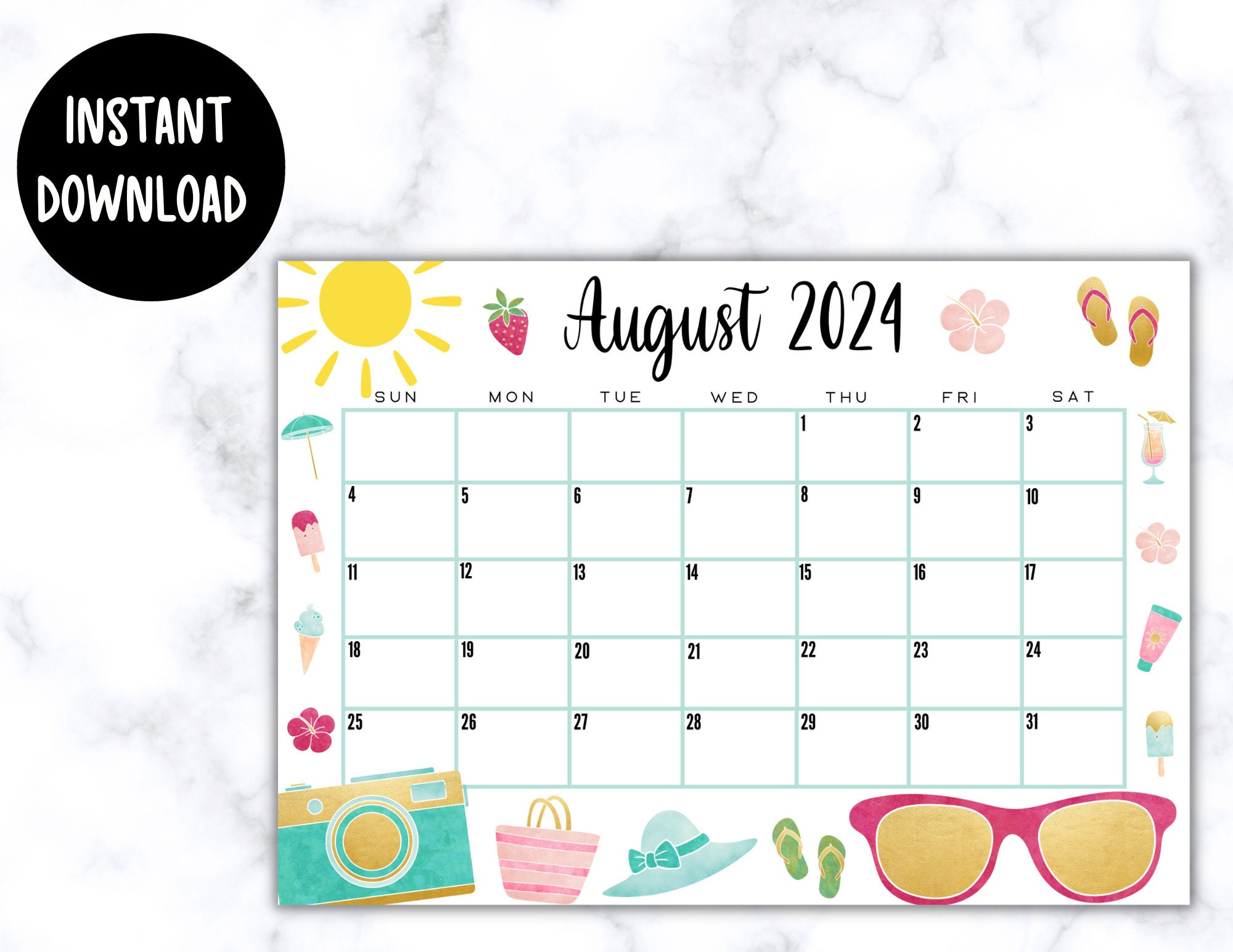 Editable Printable August Calendar 2024 Cute Summer Themed August intended for August Themed Calendar 2024