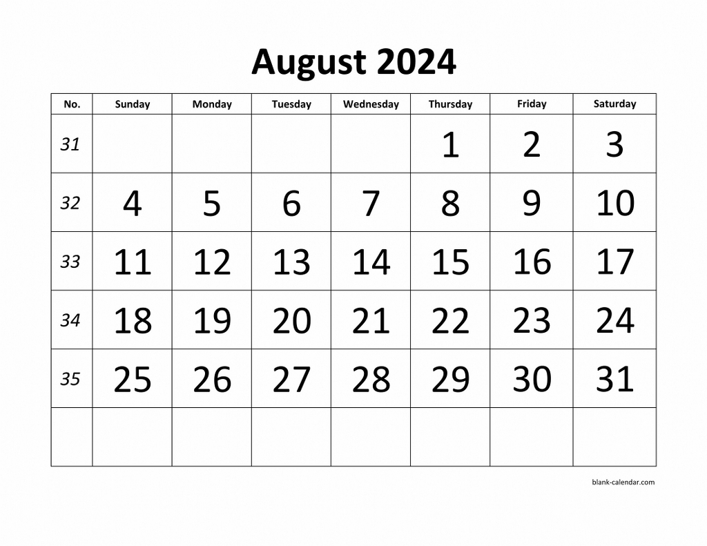 Free Download Printable August 2024 Calendar, Large Font Design regarding August 2024 Calendar Printable Free Word