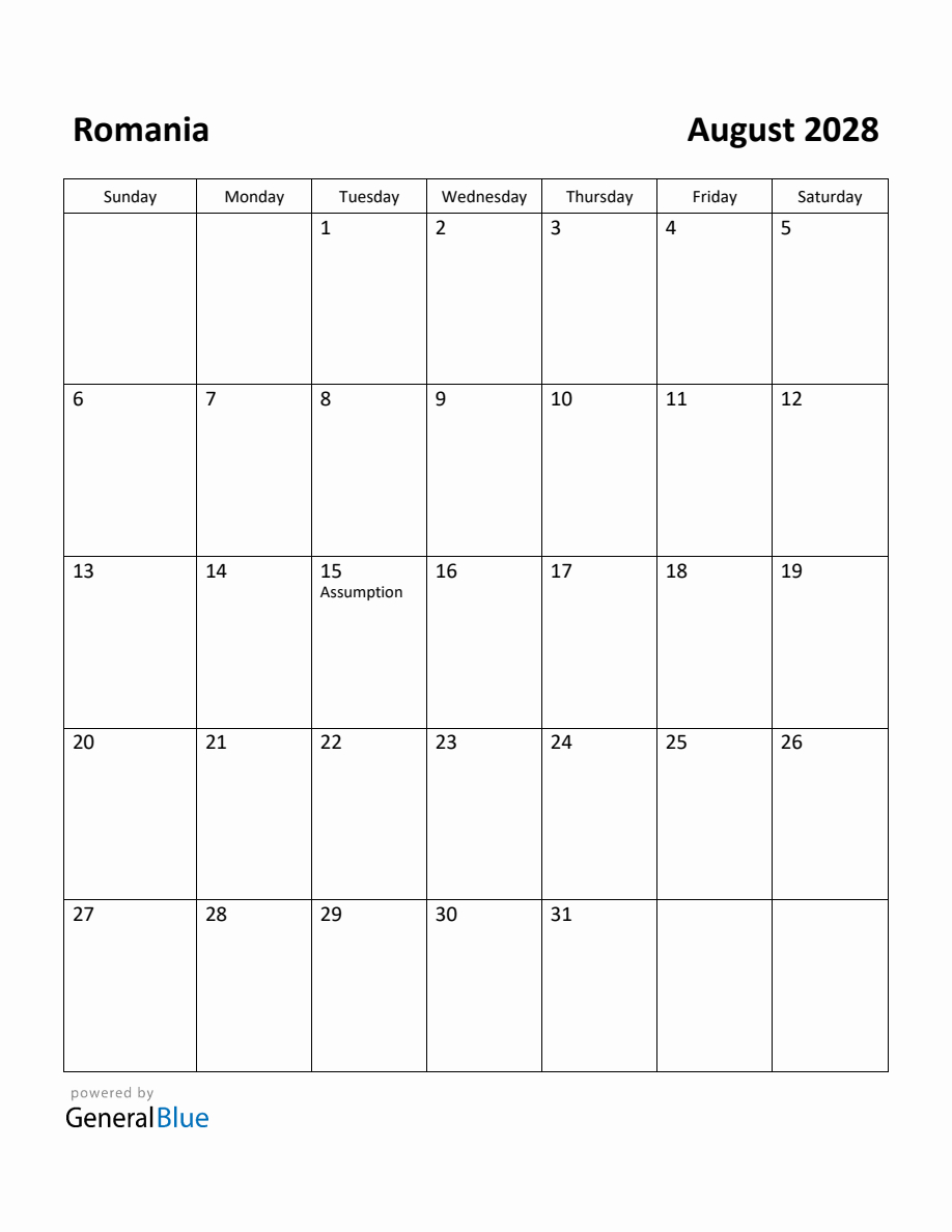 Free Printable August 2028 Calendar For Romania with August 2028 Calendar