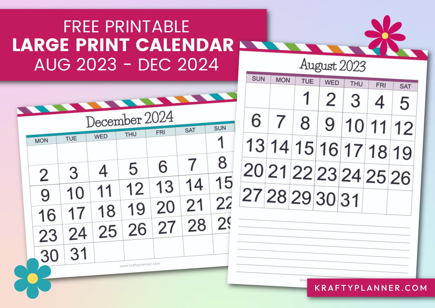 Free Printable Large Print Calendars: August 2023 - December 2024 within Printable Calendar August To December 2024