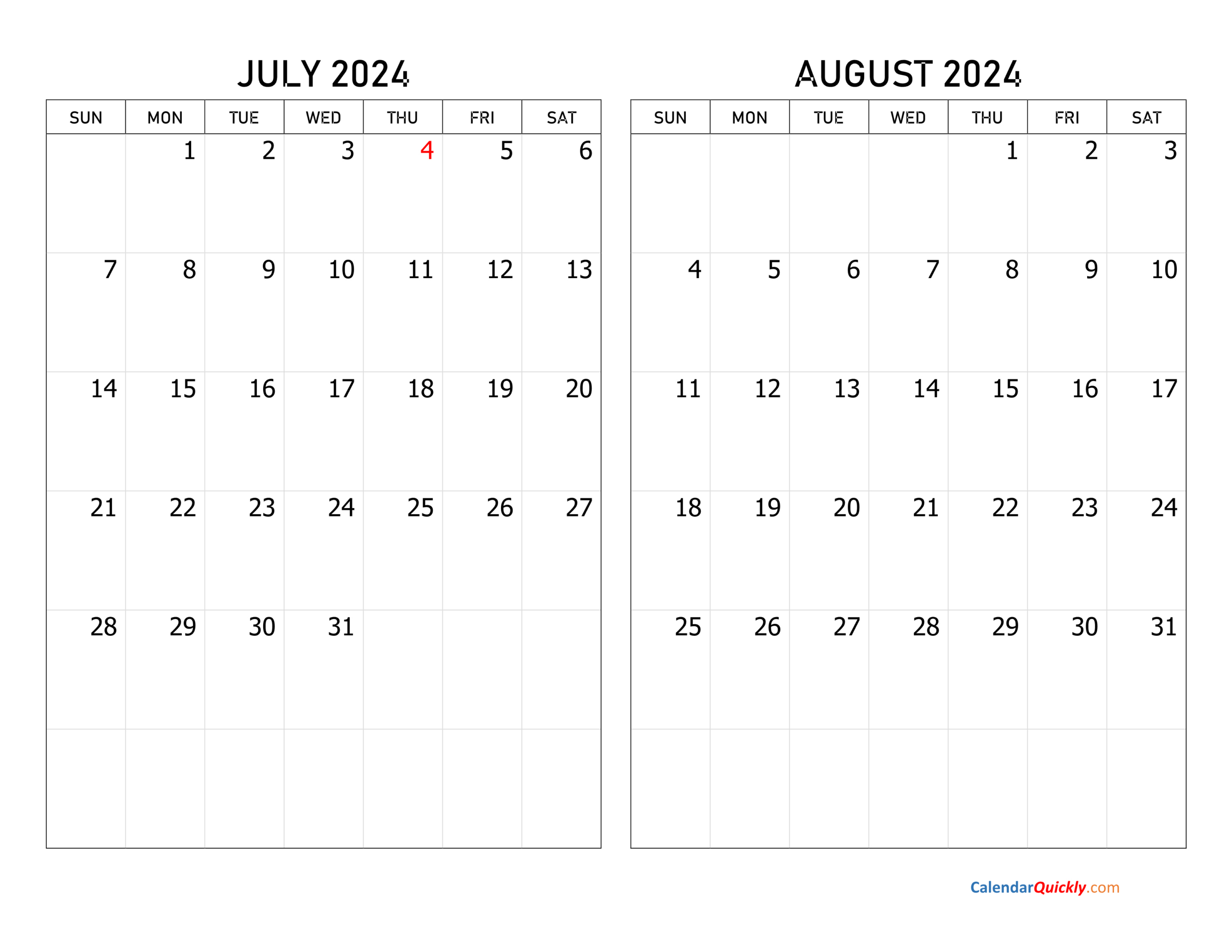 July And August 2024 Calendar | Calendar Quickly for July And August 2024 Calendar