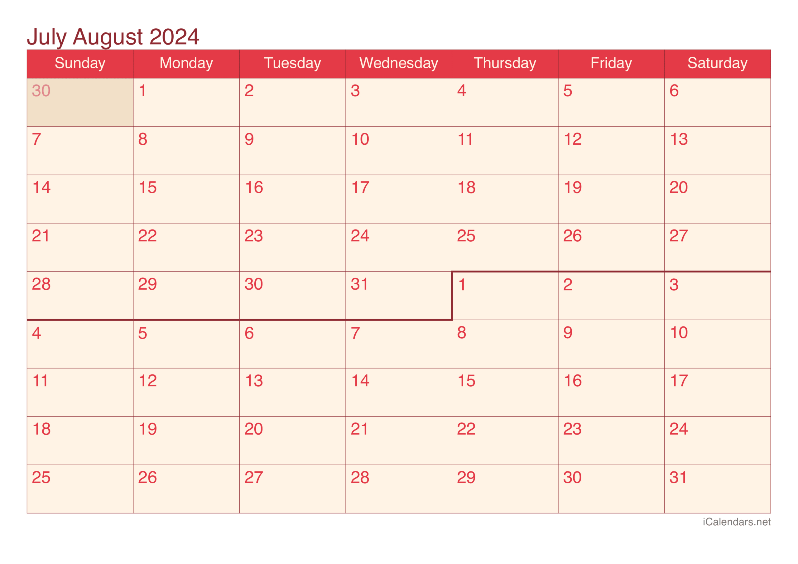 July And August 2024 Printable Calendar for Calendar July And August 2024