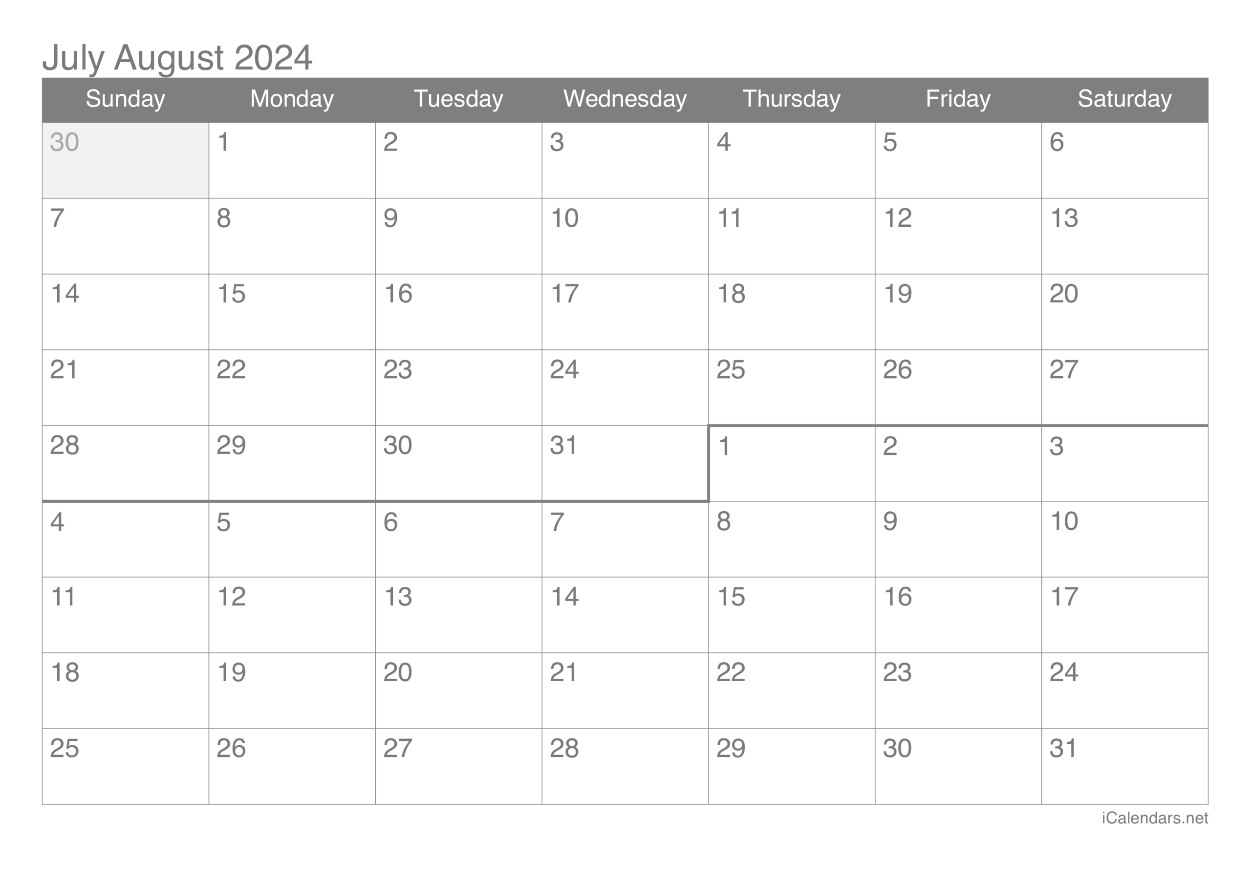 July And August 2024 Printable Calendar for July And August 2024 Calendar