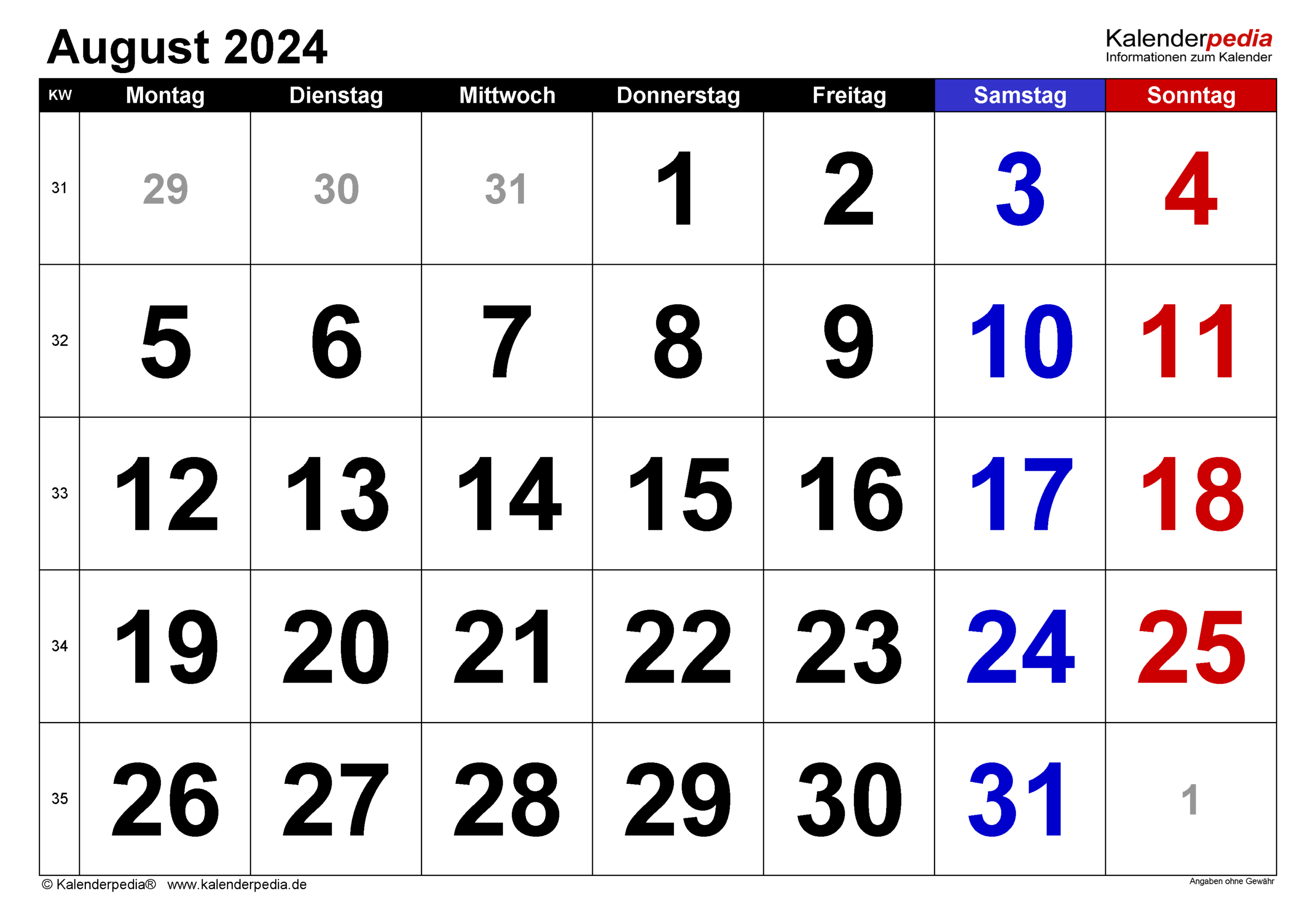 Kalender August 2024 Als Pdf-Vorlagen throughout Calender August 2024