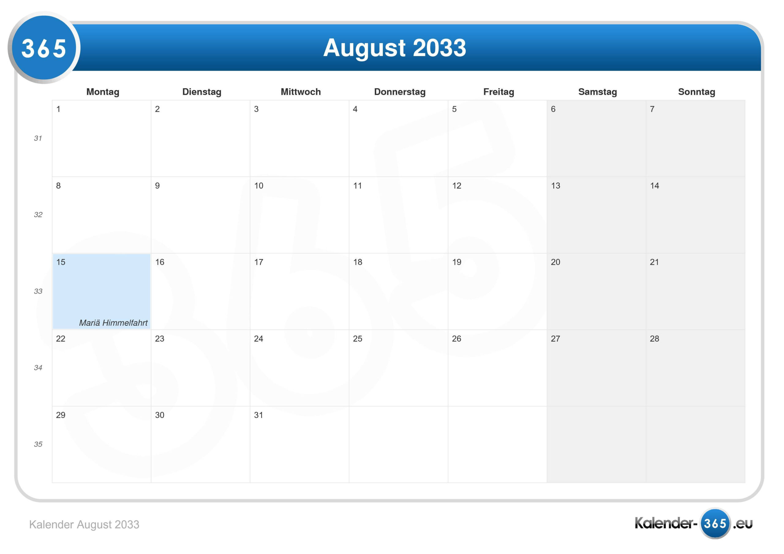 Kalender August 2033 throughout August 2033 Calendar