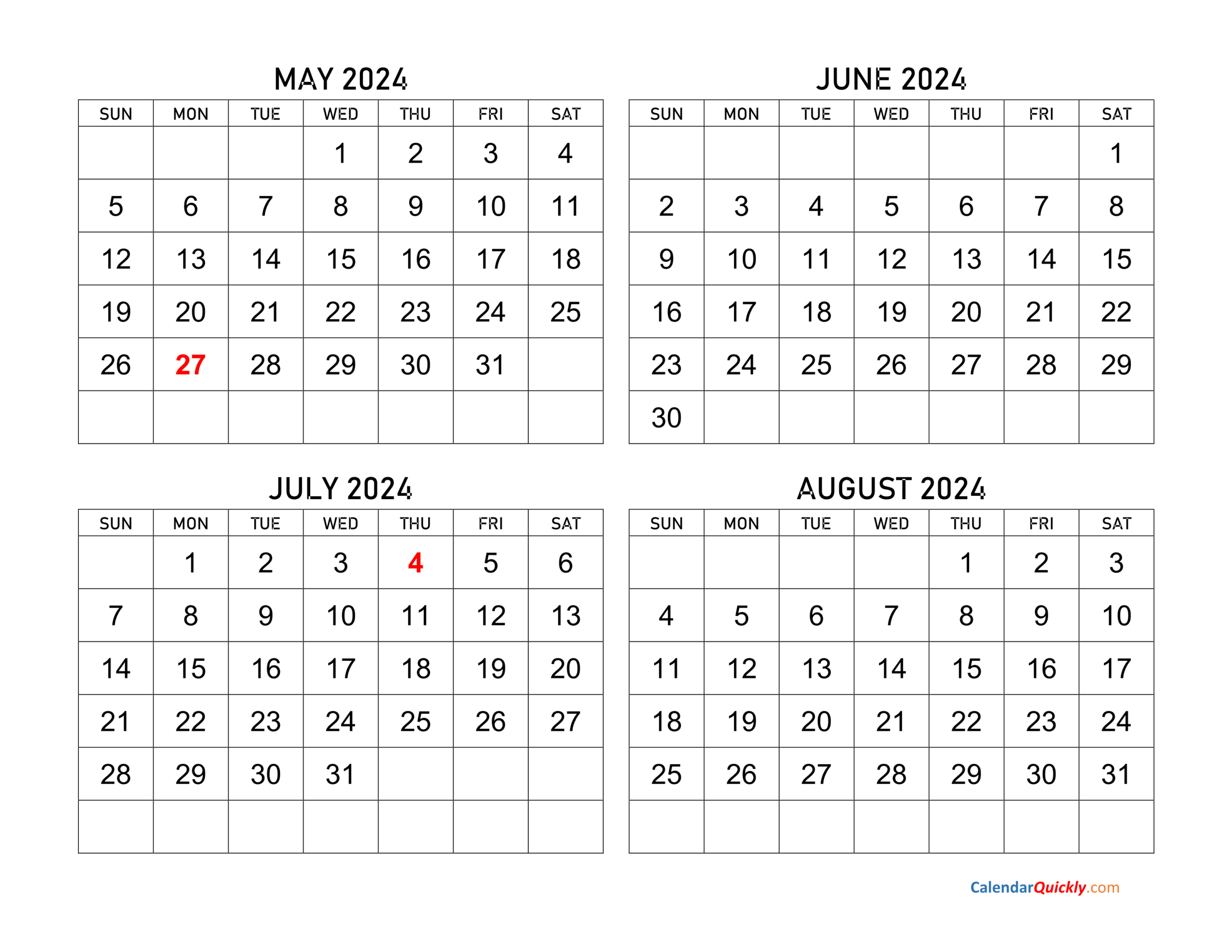 May To August 2024 Calendar | Calendar Quickly in May June July August Calendar 2024