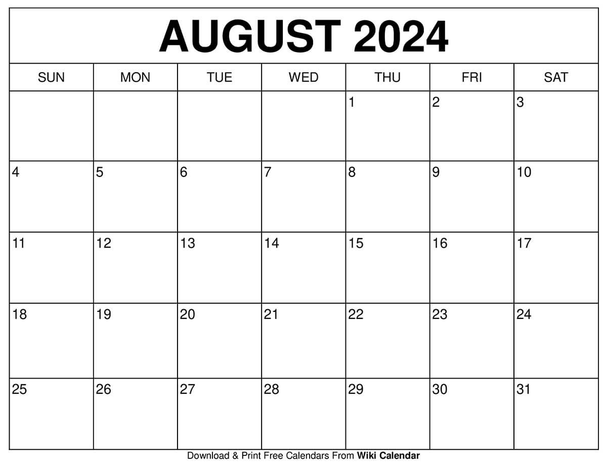 August 2024 Calendar Free Printable