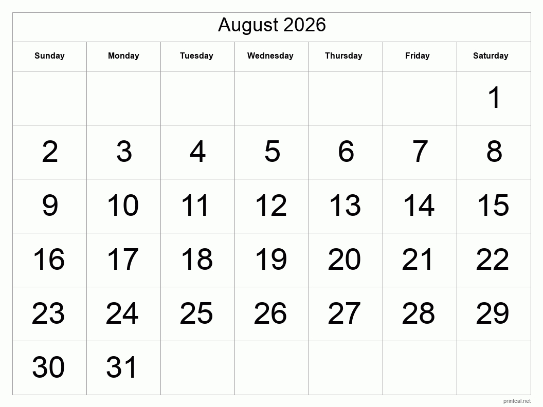 Printable August 2026 Calendar | Free Printable Calendars pertaining to August 2026 Calendar