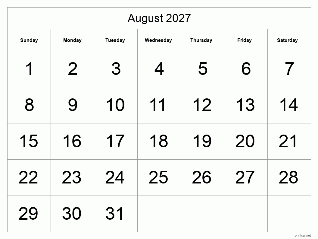 Printable August 2027 Calendar | Free Printable Calendars intended for August 2027 Calendar