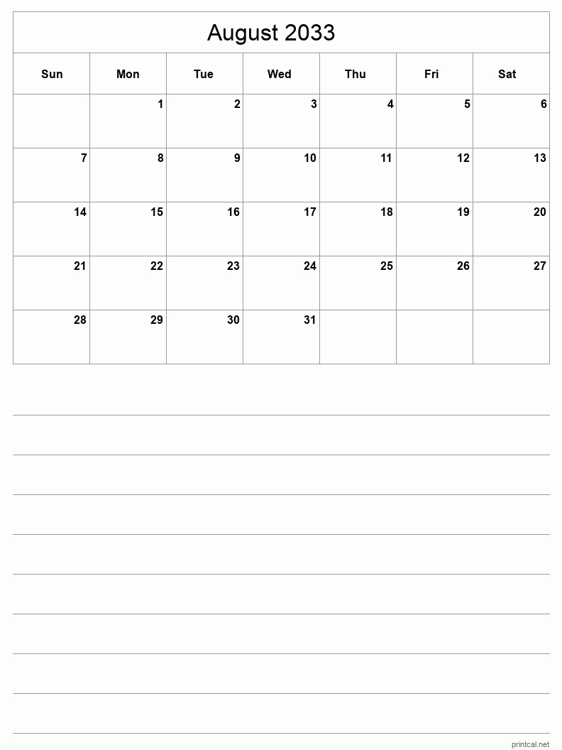 Printable August 2033 Calendar - Half-Page With Notesheet within August 2033 Calendar