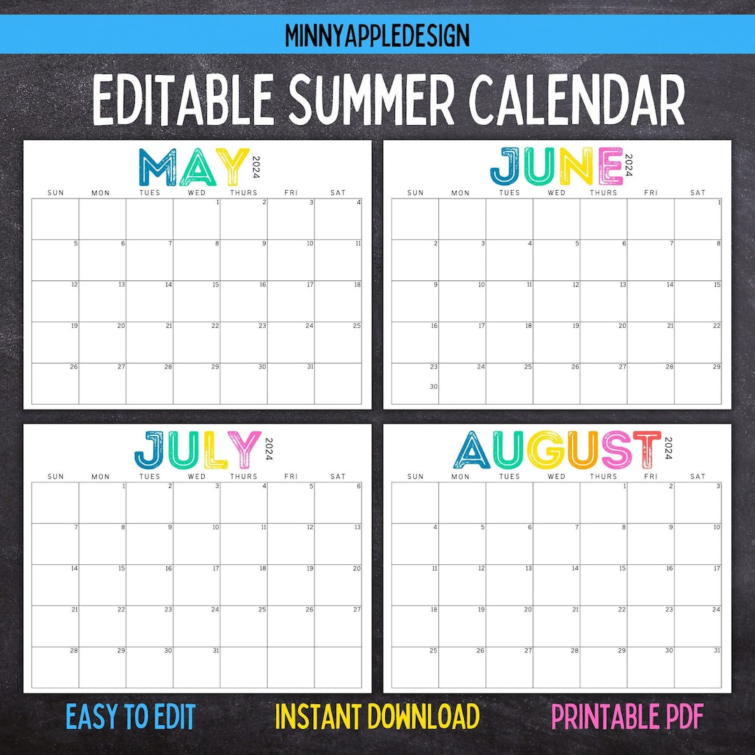 Printable Editable Summer Calendar June, July, August Calendar | June 2024 | July 2024 | August 2024 | Summer Planner in May June July August 2024 Calendar Printable