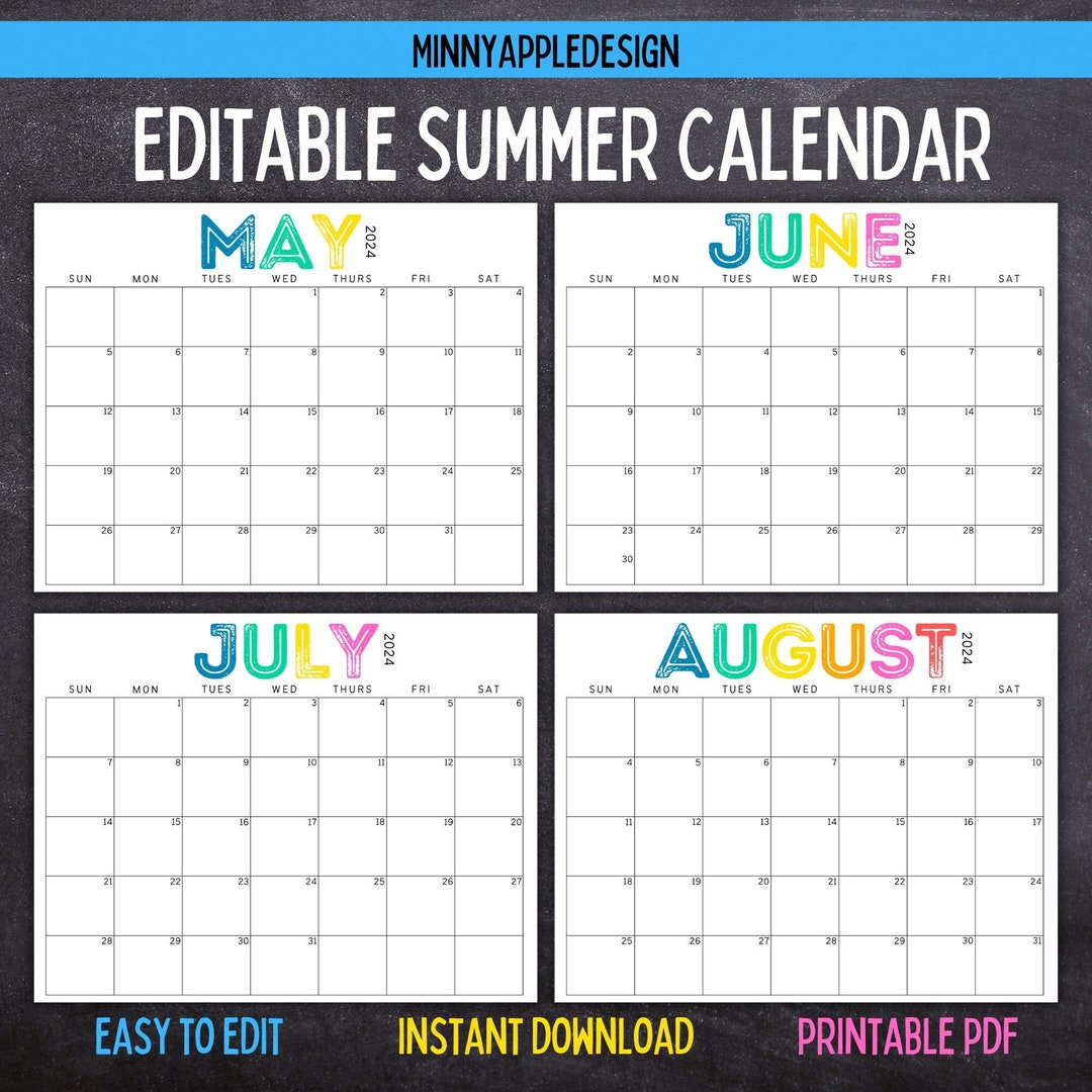 Printable Editable Summer Calendar June, July, August Calendar | June 2024 | July 2024 | August 2024 | Summer Planner inside June July August 2024 Calendar Editable