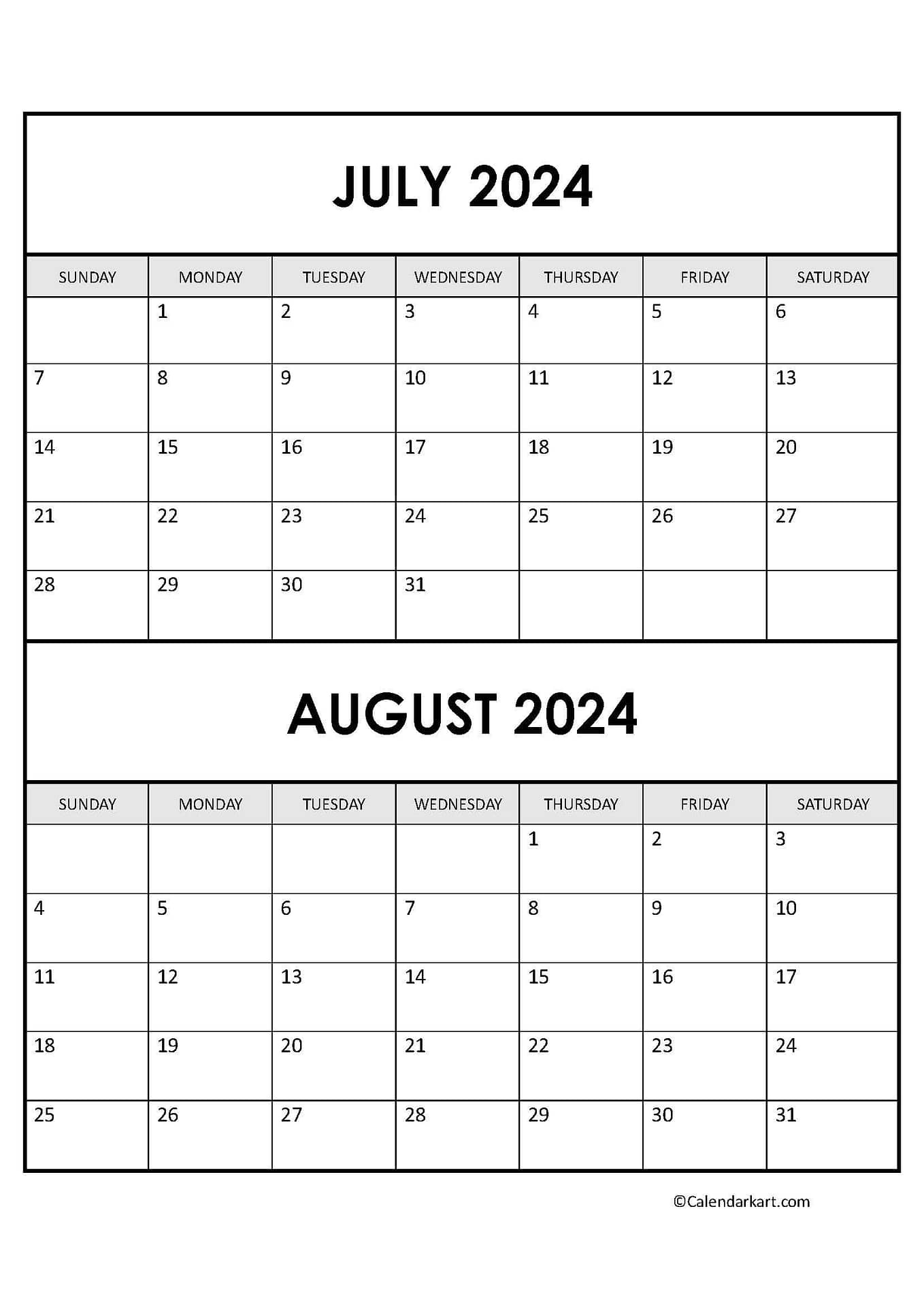 Printable July August 2024 Calendar | Calendarkart for July And August Calendar 2024 Printable