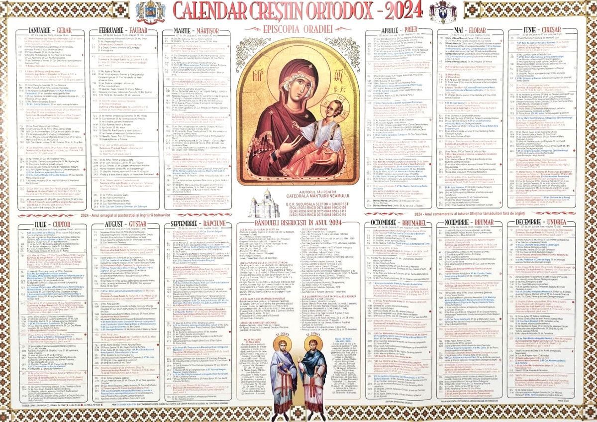 Rumänisch Orthodoxer Wandkalender 2024, Perete Calendar Wrest Römisch-Orthodox in Calendar Ortodox August 2024