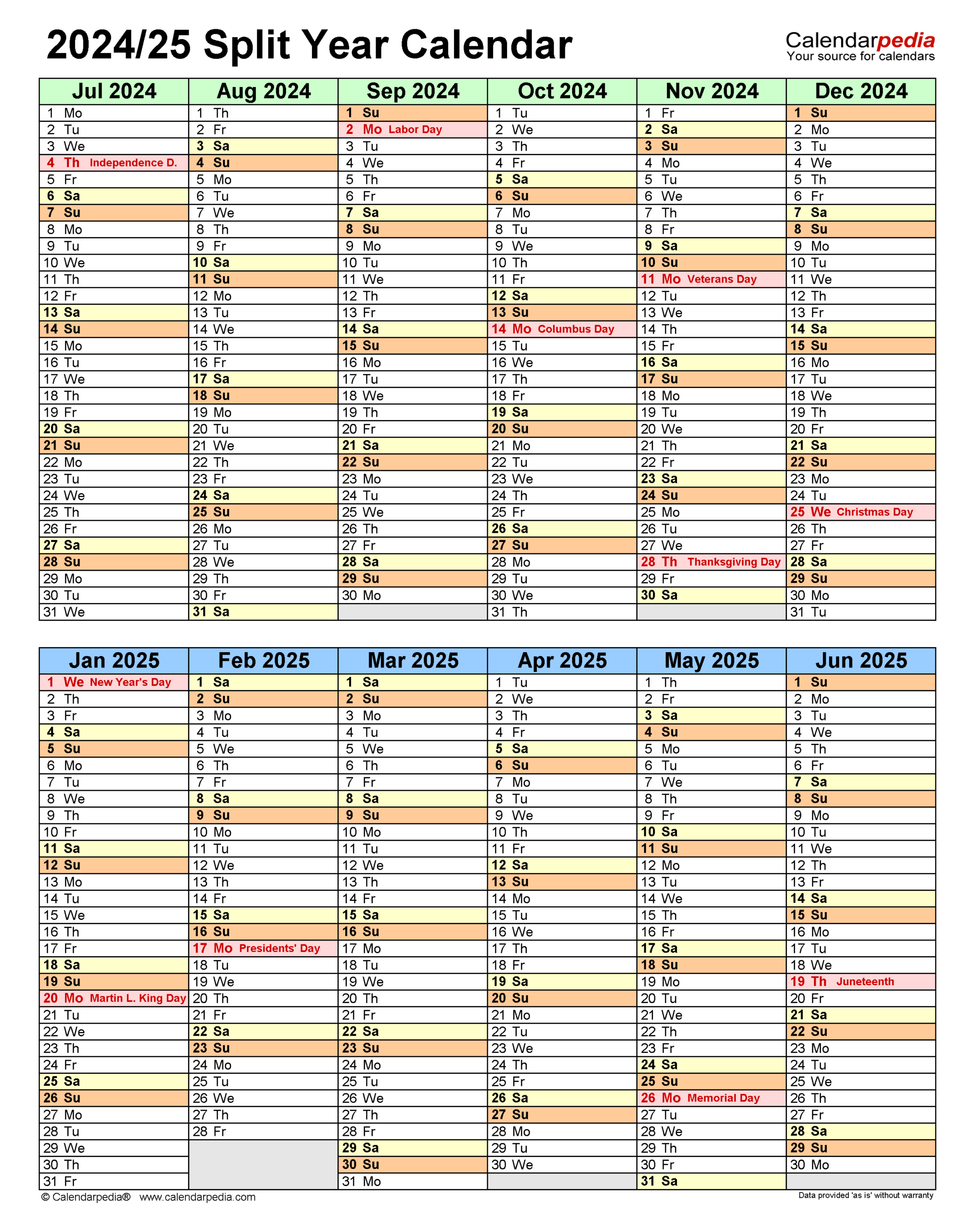 Split Year Calendars 2024/2025 (July To June) - Excel Templates pertaining to August 2024 - June 2025 Calendar Printable