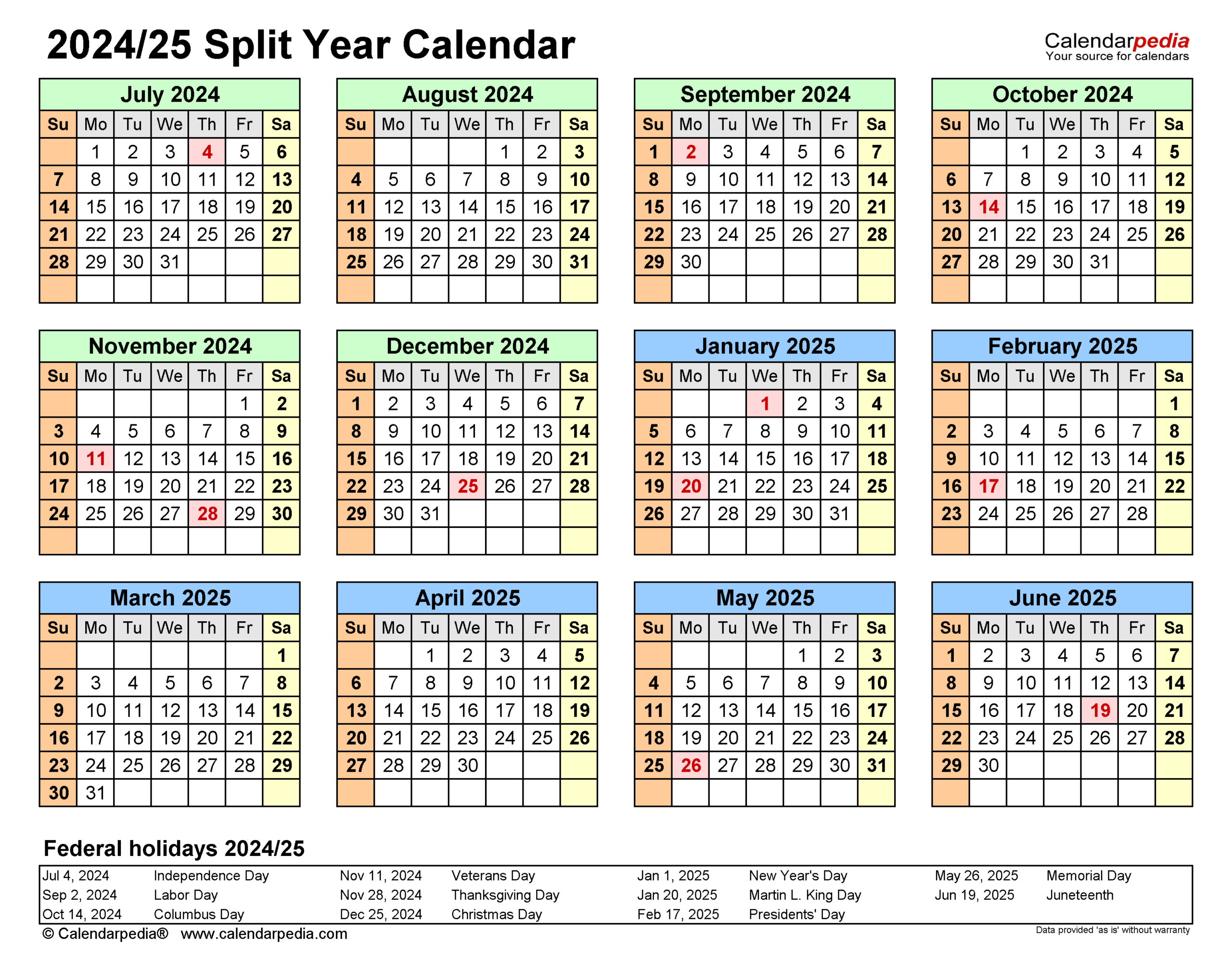 August 2024 – June 2025 Calendar Printable