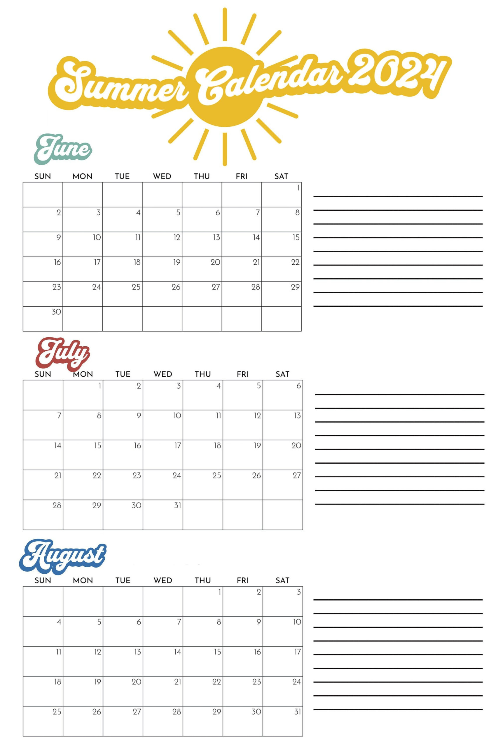 Summer 2024 Poster Calendar 3 Month June July August Kids Fun intended for Printable 3 Month Calendar 2024 June July August